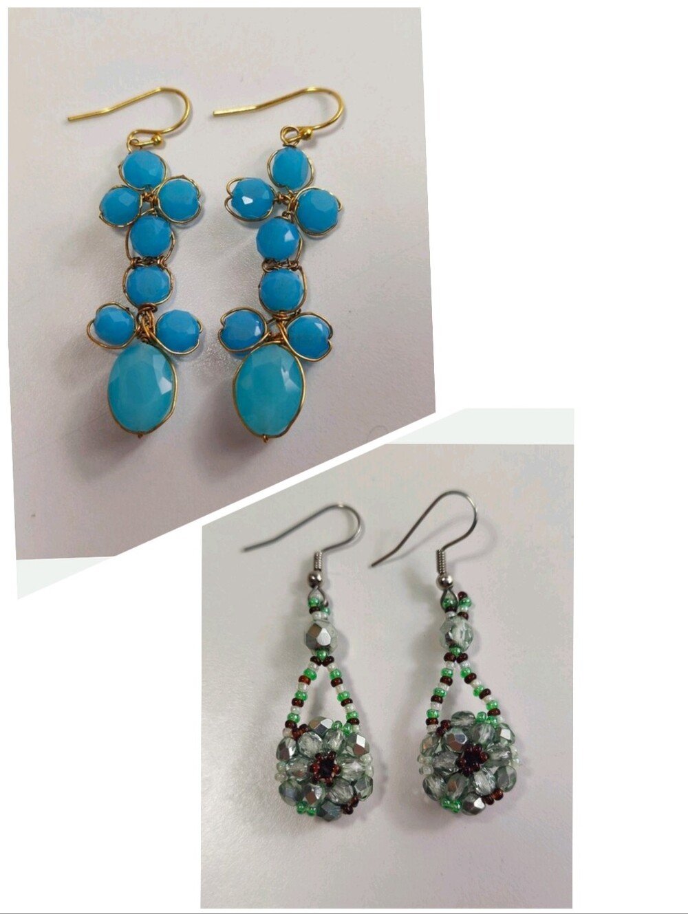 Boho Earrings Bundle Blue Faceted Glass Bead & Green Seed Bead Floral Dangle